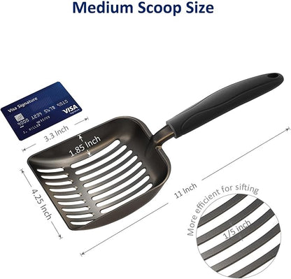 WePet Cat Litter Scoop, Non-Stick Plated Aluminum Alloy Sifter, Kitty Durable Metal Scooper, Deep Shovel, Long Handle, Kitten Pooper Lifter, Size Medium, Coated Black Body with Black Handle
