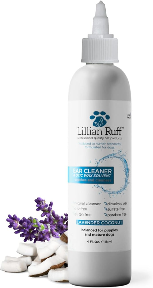 Lillian Ruff Ear Cleaner & Otic Wax Solvent for Dogs with Tea Tree Oil, Bee Propolis & Aloe - Coconut and Lavender Scent - Dissolve Wax and Combat Ear Odors - Safe for Sensitive Ears (4oz)