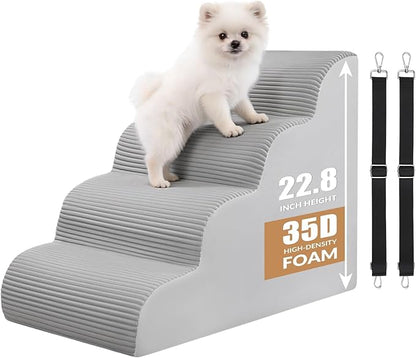 Dog Stairs for Bed Up to 24" H, Extra Height 22.8" 4-Step Pet Steps for Small Dogs and Cats, Non-Slip Sturdy Dog Ramp with Anti-Tip Safety Strap and Washable Cover,Balanced Ramp Indoor Pet Stairs
