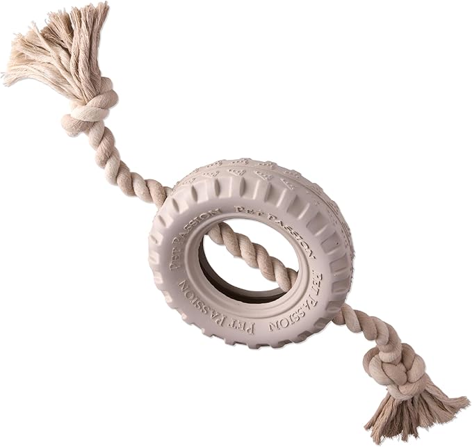 Natural Rubber Tire and Organic Cotton Rope Pull and Chew Dog Toy for All Pet Breeds, Almond Milk, Large