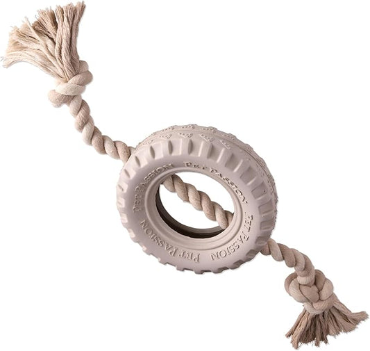 Natural Rubber Tire and Organic Cotton Rope Pull and Chew Dog Toy for All Pet Breeds, Almond Milk, Large
