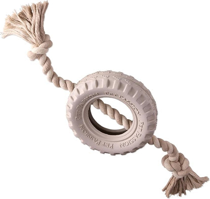 Natural Rubber Tire and Organic Cotton Rope Pull and Chew Dog Toy for All Pet Breeds, Almond Milk, Medium