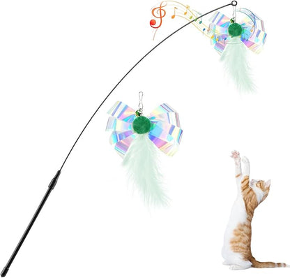 Pawaboo Feather Teaser Cat Toy, Interactive Feather Wand Cats Toy Flying Feathers Cat Catcher with Extra Long 34.5" Wand and Small Bell, Exerciser Playing Toys for Kitten or Cats, Green Butterfly