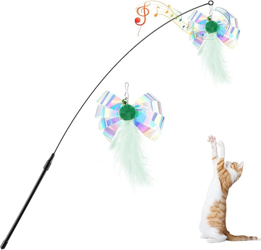 Pawaboo Feather Teaser Cat Toy, Interactive Feather Wand Cats Toy Flying Feathers Cat Catcher with Extra Long 34.5" Wand and Small Bell, Exerciser Playing Toys for Kitten or Cats, Green Butterfly