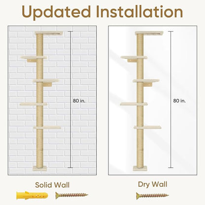 PAWSCRAT Wall-Mounted Cat Tree, 5 Tier Floor to Ceiling Cats Tower, 80 Inch Wall-Mounted Cat Scratching Post, Space Saving Cat Furniture and Easliy Climb for All Cats, Beige