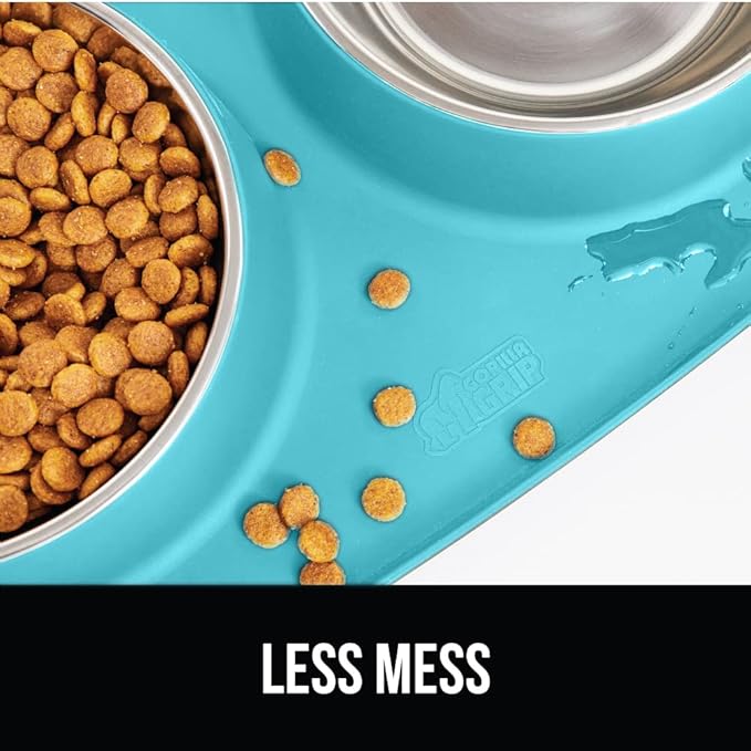 GORILLA GRIP Feeding Mat Bowl Set, 4 Cup 100% Waterproof BPA Free Silicone, 304 Stainless Steel Cat and Dog Bowls for Food and Water, Slip Resistant, High Edge, US Designed, Patent Pending, Turquoise