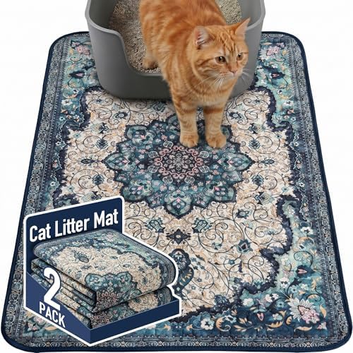 Hompet Cat Litter Mat 2 Pack, 24x36 Large Machine Washable Trapping Mats for Cats, Super Absorbent & Urine-Proof Cat Litter Box Mat for Floor, Waterproof & Non Slip Kitty Litter Rug by Hompet