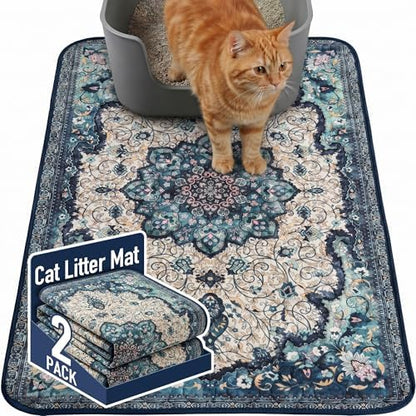 Hompet Cat Litter Mat 2 Pack, 24x36 Large Machine Washable Trapping Mats for Cats, Super Absorbent & Urine-Proof Cat Litter Box Mat for Floor, Waterproof & Non Slip Kitty Litter Rug by Hompet