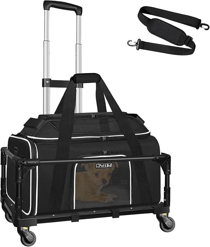Petskd Top-Expandable Small Pet Carrier with Wheels(18" L x 11" W x 11" H), Delta/American/United Airlines Approved, Rolling Pet Carrier for Small Dogs & Cats (Black)