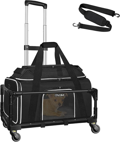 Petskd Top-Expandable Small Pet Carrier with Wheels(18" L x 11" W x 11" H), Delta/American/United Airlines Approved, Rolling Pet Carrier for Small Dogs & Cats (Black)