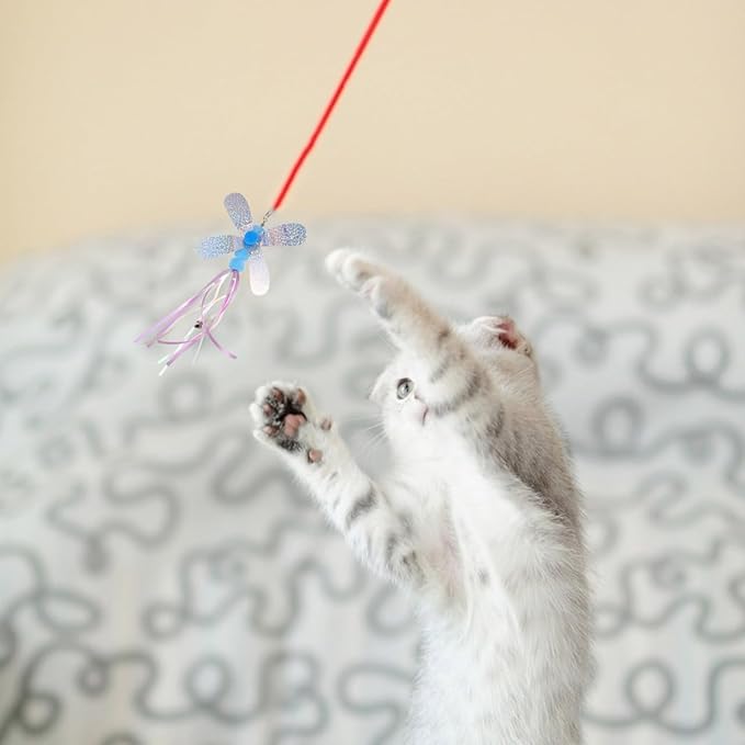balacoo Cat Teaser Wand Accessories Set 4 Pcs Interactive Cat Stick Toys with Bell Feather for Indoor Play and Exercise 3.93X0.78X7.08 Inches
