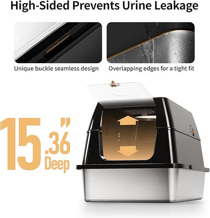 XL Stainless Steel Cat Litter Box with Lid, Extra Large Enclosed Litter Box for Big Cats, High Sided Metal Litter Pan with Removable Lid& Scoop, Odor Free, Easy Cleaning, Anti-Urine Leakage