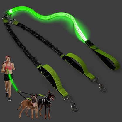 LED Double Dog Leash, 360° Swivel Dual Dog Walking Leash, Comfortable Shock Absorbing Lead for Dog, Reflective Removable Bungee for Two Dogs