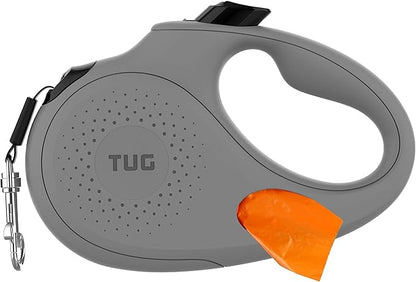 TUG Oval 360° Tangle-Free Retractable Dog Leash with Integrated Waste Bag Dispenser (Small, Grey)
