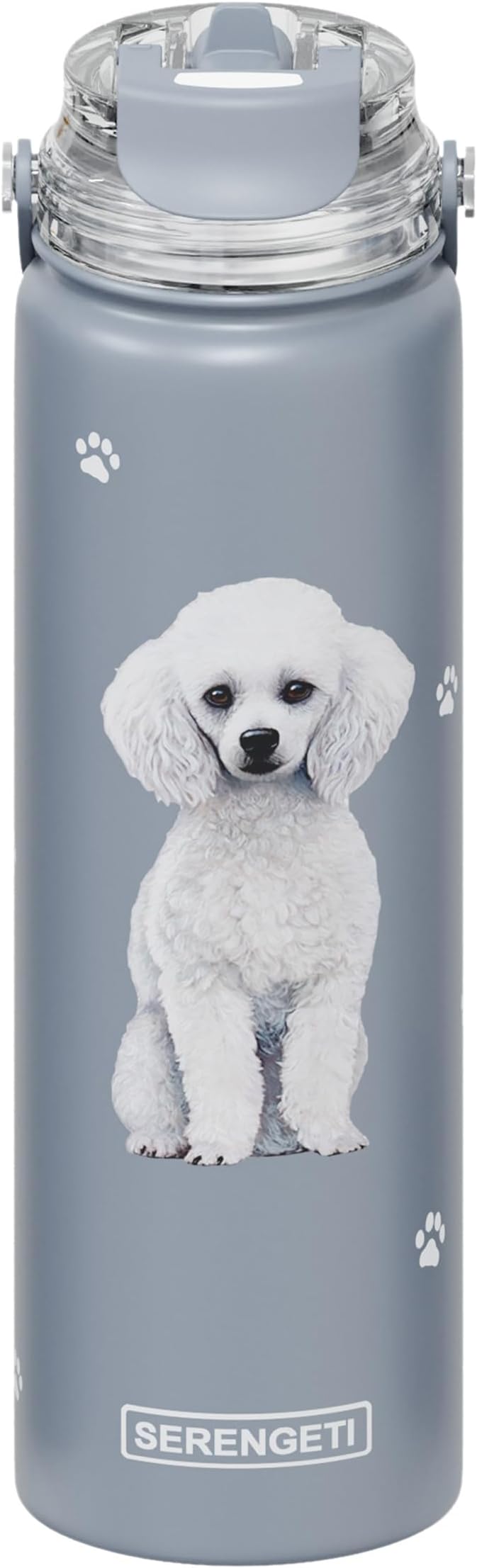 SERENGETI 24 Oz Water Bottle Stainless Steel with Spill Proof Lid - Double walled Vacuum Insulated water flask - Realistic 3D Print of your favorite dog (Poodle)