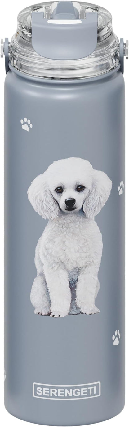 SERENGETI 24 Oz Water Bottle Stainless Steel with Spill Proof Lid - Double walled Vacuum Insulated water flask - Realistic 3D Print of your favorite dog (Poodle)