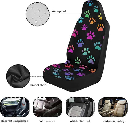 Colorful Dog Paws Car Seat Covers Waterproof Front Seat Covers Easy Installation Stretch Polyester Fabric Cover Protection Interior Accessories Universal Fit Most Cars,SUV, Trucks