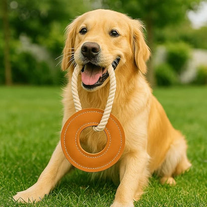 Natural Suede Leather and Rope Dog Chew Toy, Circle Shape Interactive Pet Toy for Medium to Large Dogs, Durable Design for Daily Chewing, Tug Play and Training Use