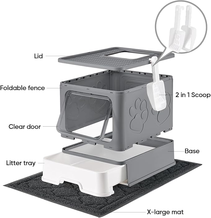 Cat Litter Box with X-Large Litter Mat and Scoop, Large Covered Litter Box with Lid, Enclosed Kitty Box,Front Top Entry Exit, Odor Control Easy to Clean (Upgrade Dark Grey)