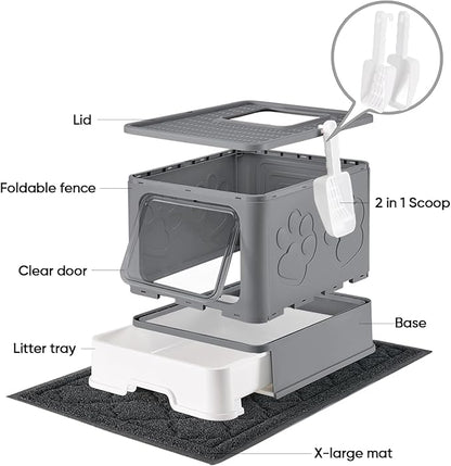 Cat Litter Box with X-Large Litter Mat and Scoop, Large Covered Litter Box with Lid, Enclosed Kitty Box,Front Top Entry Exit, Odor Control Easy to Clean (Upgrade Dark Grey)