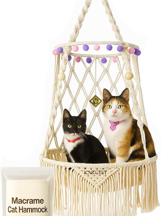 KARCEEY Cat Hammock Macrame Hanging Bed for Large Cats - 50lbs Heavy Duty Cat Swing Wall Mounted Boho Window Perch - Hardware Kit Included