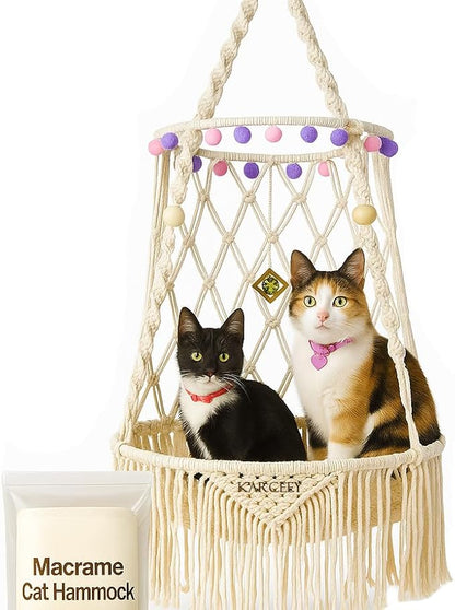 KARCEEY Cat Hammock Macrame Hanging Bed for Large Cats - 50lbs Heavy Duty Cat Swing Wall Mounted Boho Window Perch - Hardware Kit Included