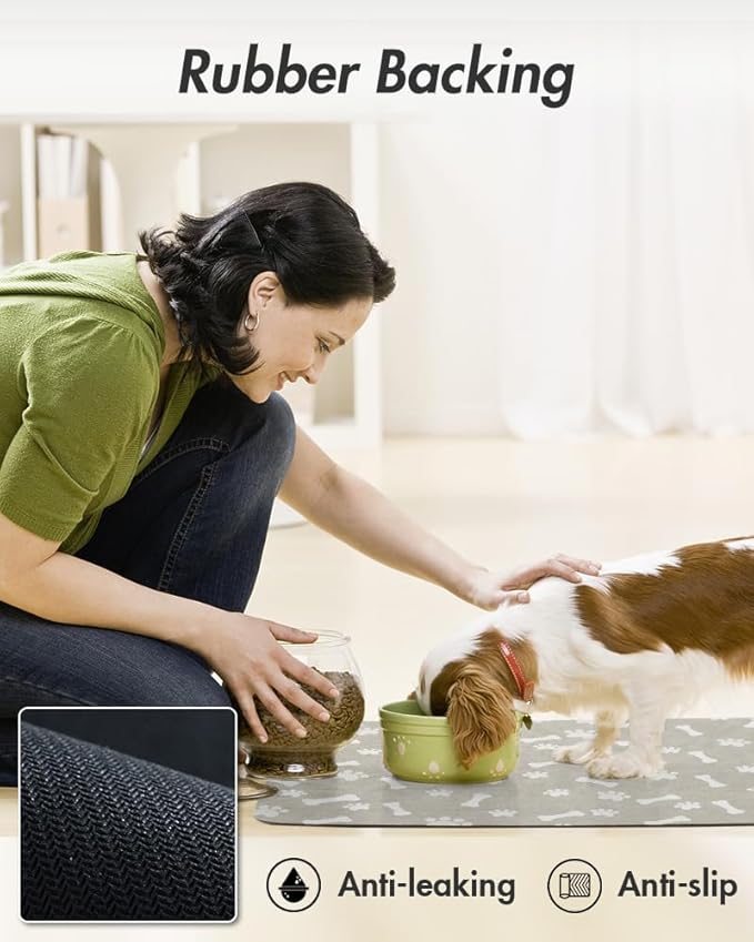 MontVoo Dog Food Mat-Pet Feeding Mat for Food and Water-No Stains Quick Dry Dispenser Cat Bowl Mat for Messy Drinkers(16"X24" Grey)