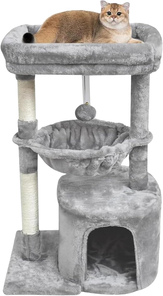 SYANDLVY Small Cat Tree for Indoor Cats, Activity Cat Tower with Scratching Post for Kittens, Modern Cat Furniture with Basket & Hanging Ball for Play Rest, Grey