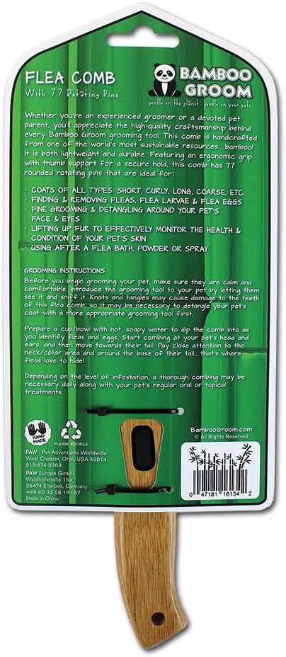 Alcott Bamboo Groom Flea Comb with 77 Rotating Pins for Pets