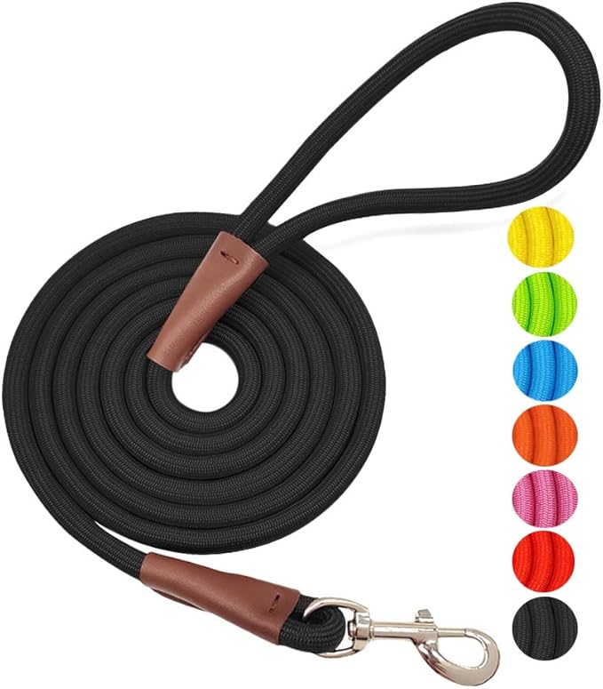 MayPaw 4/6 /8/10 FT Dog Leash, Classic Solid Colors, Strong Nylon Rope Dog Leash Reinforced with Leather Tailor Connection Heavy Duty Silver Clasp (Black, 4ft*1/2")