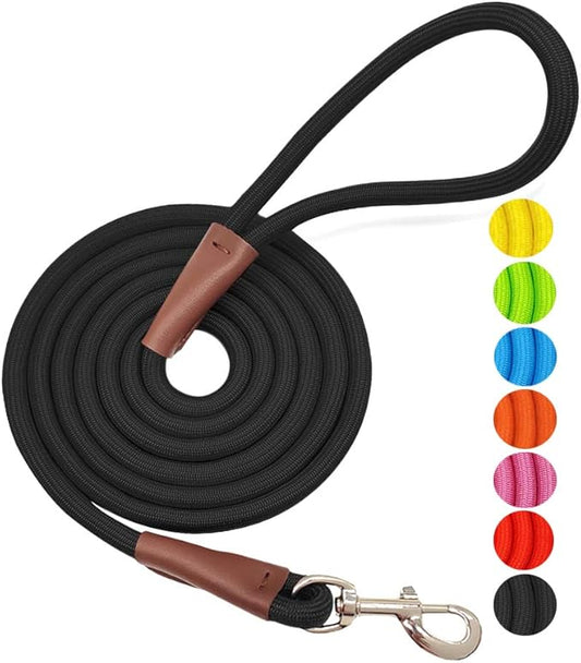 MayPaw 4/6 /8/10 FT Dog Leash, Classic Solid Colors, Strong Nylon Rope Dog Leash Reinforced with Leather Tailor Connection Heavy Duty Silver Clasp (Black, 4ft*1/2")