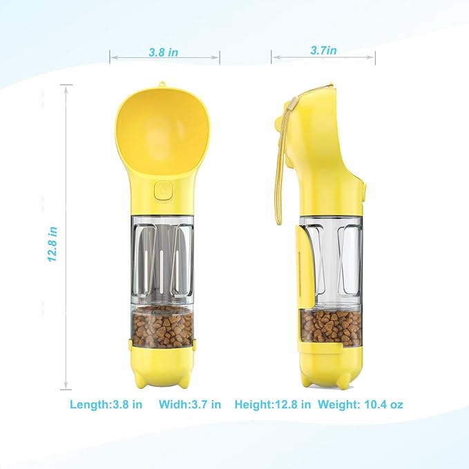 Upgraded Dog Water Bottle,Multifunction with Detachable Pet Treat Container and Poop Bags Box,Trash Shovel,O-Shaped Dog Bowl,Leakproof,Pet Travel,Outdoor Activity Necessities,Yellow(10.56fl oz)