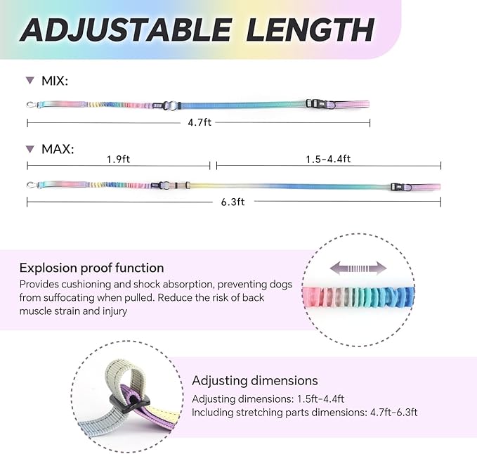 Hands Free Dog Leash, Adjustable Heavy Duty Bungee Waist Leash Belt for Medium Large Dogs Walking Running Hiking with Reflective(Multi-Colored)