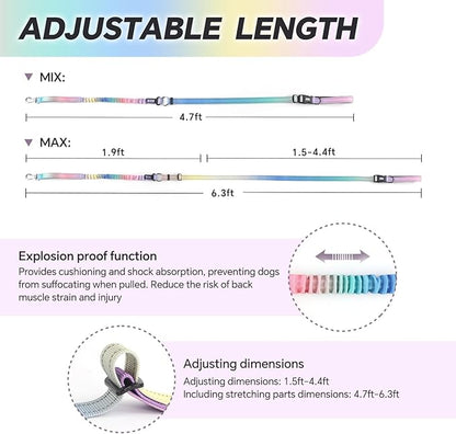 Hands Free Dog Leash, Adjustable Heavy Duty Bungee Waist Leash Belt for Medium Large Dogs Walking Running Hiking with Reflective(Multi-Colored)