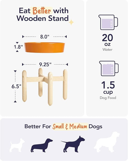 LE TAUCI Ceramic Slow Feed Dog Bowls with Wooden Stand, Anti-Gulping, Non-Slip, Easy to Clean, Dishwasher Safe, 8 Inch