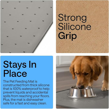 GORILLA GRIP 100% Waterproof Raised Edge BPA Free Silicone Pet Feeding Mat, Dog Cat Food Mats Contain Spills Protects Floors, Placemats for Cats and Dogs Water Bowl, Pets Accessories 23x15 Gray