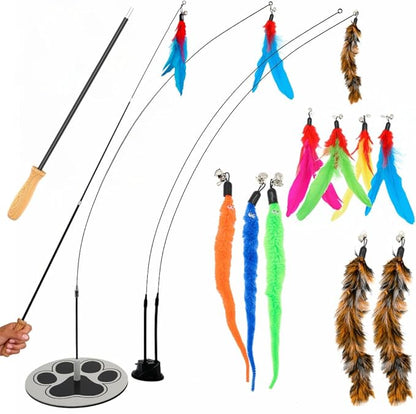Cat Wand Toy for Indoor Cats - 43 Inch Retractable Fishing Pole Teaser - 9 Feather Attachments - Weighted Round Base - Suction Cup Mount - Bored Adult Feline Hunting Exercise - Kitten Juguetes Set