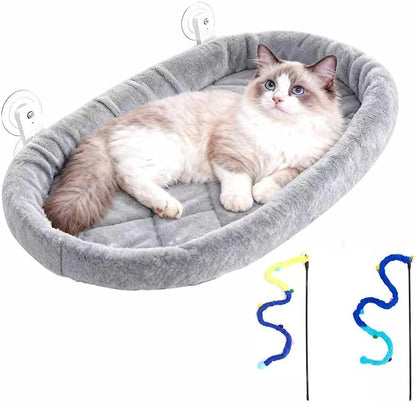Collapsible Window Perch for Indoor Cats, Large Cats & Kittens - Equipped with a Cat-Catching Stick, Solid Metal Frame, Soft Cover, Strong 4 Suction Cup Wall Mount