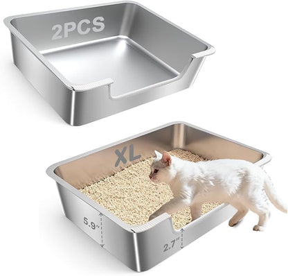 2-Pack Low Entry Litter Box for Senior Kittens Disabled Cats - Stainless Steel High Sided Enclosed Easy Step in Entry - Large Metal Kitty Litter Box Easy to Clean (23.6"x15.7"x5.9")