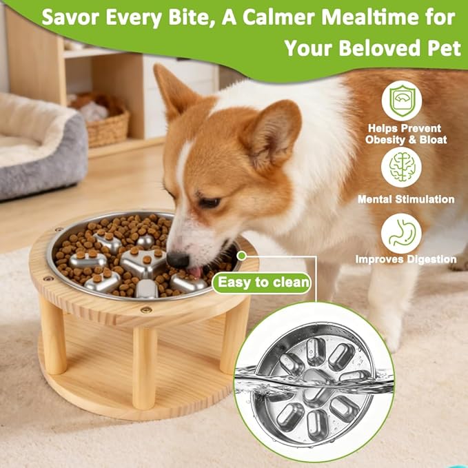 Vivifying Elevated Dog Bowl, Pine Wood Stand with Stainless Steel Slow Feeder, 5.9" Raised Dog Bowl for Small & Medium Dogs