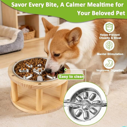 Vivifying Elevated Dog Bowl, Pine Wood Stand with Stainless Steel Slow Feeder, 5.9" Raised Dog Bowl for Small & Medium Dogs