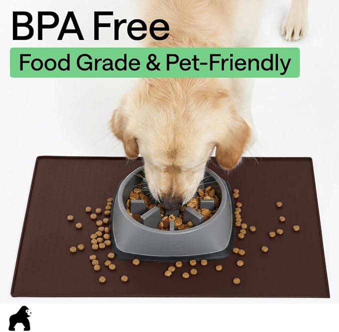 GORILLA GRIP 100% Waterproof Raised Edge BPA Free Silicone Pet Feeding Mat, Dog Cat Food Mats Contain Spills Protects Floors, Placemats for Cats and Dogs Water Bowl, Pets Accessories 23x15 Brown