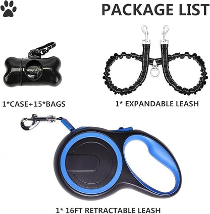 Dual Retractable Dog Leash for 2 Dogs (Blue) - 16ft Heavy Duty Leash with One Button Lock & 360° Tangle-Free Design, for Medium/Large Dogs up to 110lbs/50kg