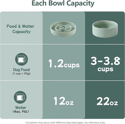 Ceramic 1.2 Cup Raised Slow Feeder Dog Bowl Set, Elevated 6.1inch Bowl and 7.3inch Puzzle Slow Food Dish with Wooden Stand for Medium and Small Dog, Anti-Gulping (2 x Light Green+ Stand)