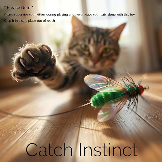 Cat Feather Toys - 2 Pcs Handmade Simulation Flies – Durable Cat Toy Wand Refills - Interactive Kitten Teaser Wand Attachments - Cat Toys Replacement for Cat Kitten Wand