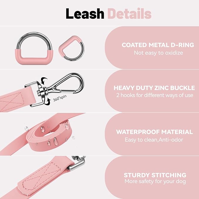 Waterproof Dog Leash with Poop Bag Holder, 5FT/6FT Adjustable Length with 2 Swivel Hooks, Odor-Free & Easy-Clean Dog Lead for Large Medium Small Dogs