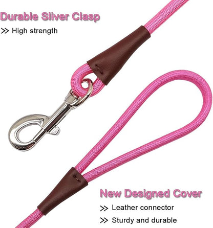 MayPaw 4/6 /8/10 FT Dog Leash, Classic Solid Colors, Strong Nylon Rope Dog Leash Reinforced with Leather Tailor Connection Heavy Duty Silver Clasp (Pink, 4ft*1/2")