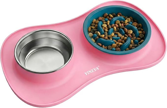 Slow Feeder Dog Bowls Stainless Steel Food and Water Bowl Set 3 in 1 No Spill Waterproof Silicone Pet Food Mat Puppy Feeding Station for Large Medium Small Breed Non Slip Metal Dish Tray by YINEYA