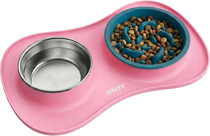 Slow Feeder Dog Bowls Stainless Steel Food and Water Bowl Set 3 in 1 No Spill Waterproof Silicone Pet Food Mat Puppy Feeding Station for Large Medium Small Breed Non Slip Metal Dish Tray by YINEYA