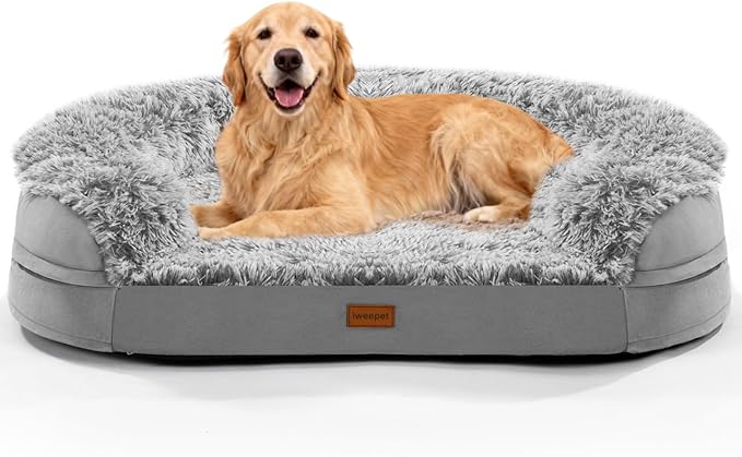 Fluffy 3.7 inch Thickened Orthopedic Dog Beds for Extra Large Dogs, Supportive Dog Sofa Bed with 28D Egg-Crate Foam, Removable Washable Cover, Waterproof Lining, Cozy Oval Design,Grey